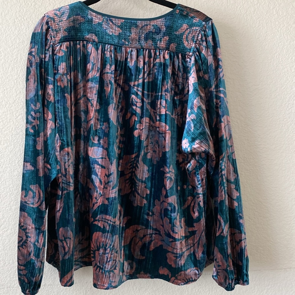 Anthropologie Floral Peasant Blouse Green Velvet NWOT - Picture 4 of 5